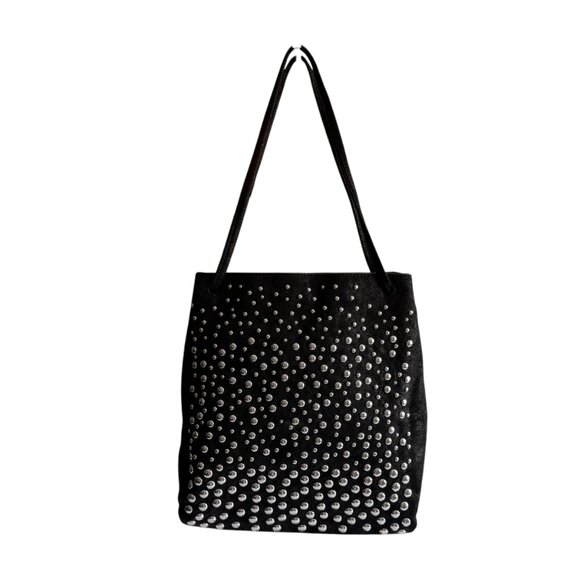 Zara Black Shoulder Bag Studded Design 10"x12"x3" Faux Suede Tote Purse Studs - Picture 1 of 12